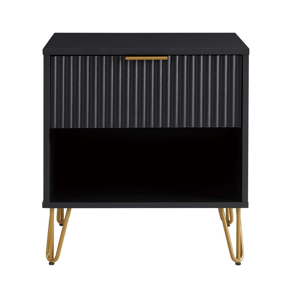 Manhattan Comfort Dumbo Nightstand with Drawer Black: Modern Design, Splayed Metal Legs, Soft Close Storage