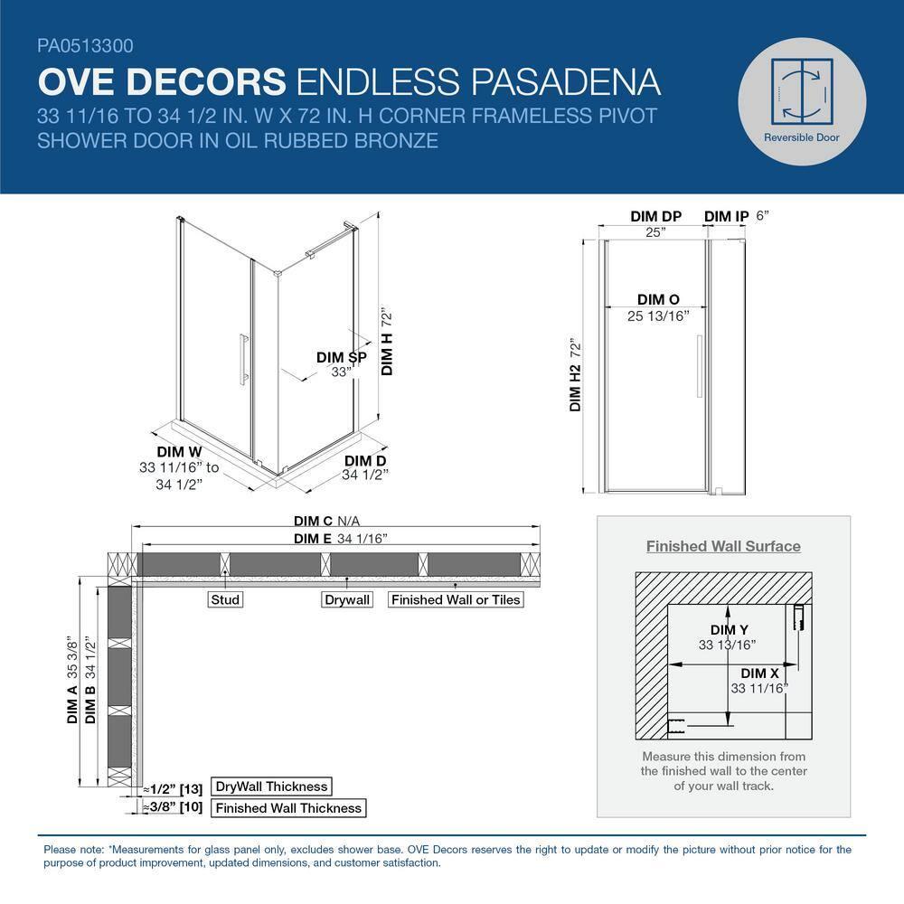 Ove Decors Endless Pasadena 34" W x 72" H Corner Frameless Shower Kit, Door, Panel PA0513300