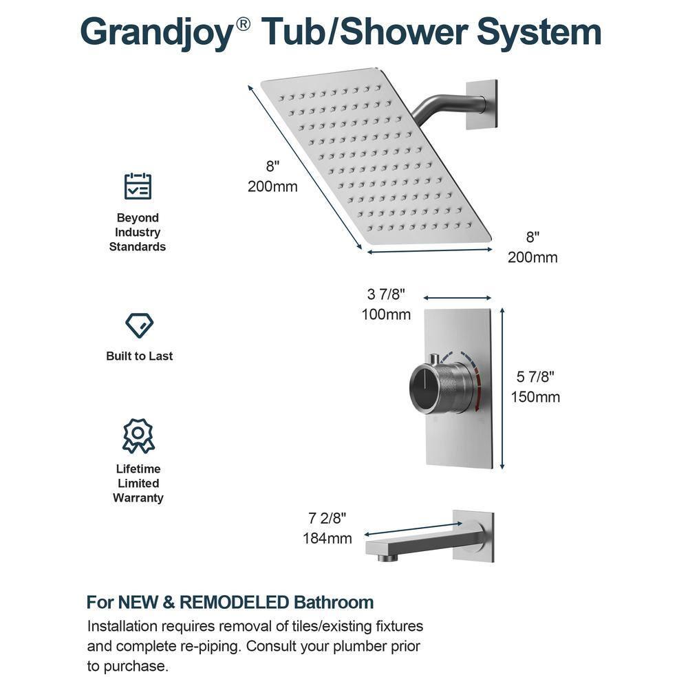 GRANDJOY 8 inch Rain Single Handle 2-Spray Shower Head System with Wall Mount Faucet Spout, Anti Scald Valve - Brushed Nickel