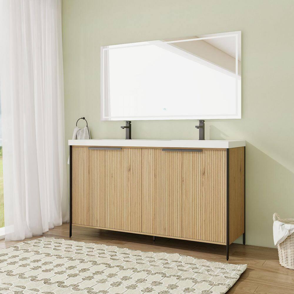 SSLine 24" Bathroom Vanity Cabinet Mid-Century Modern Under-Sink Cabinet Freestanding Bathroom Cabinet with Adjustable Storage Shelves,Natural Brown Stripe (Sink Not Include