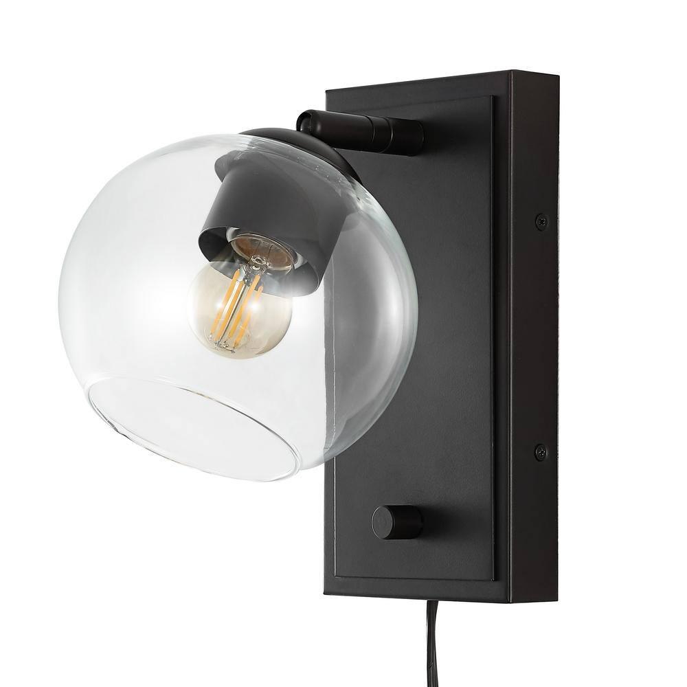 Hugo 6" 1-Light Minimalist Modern Plug-In or Hardwired Adjustable Iron LED Wall Sconce with Rotary Dimmer, Oil Rubbed Bronze with Clear Globe