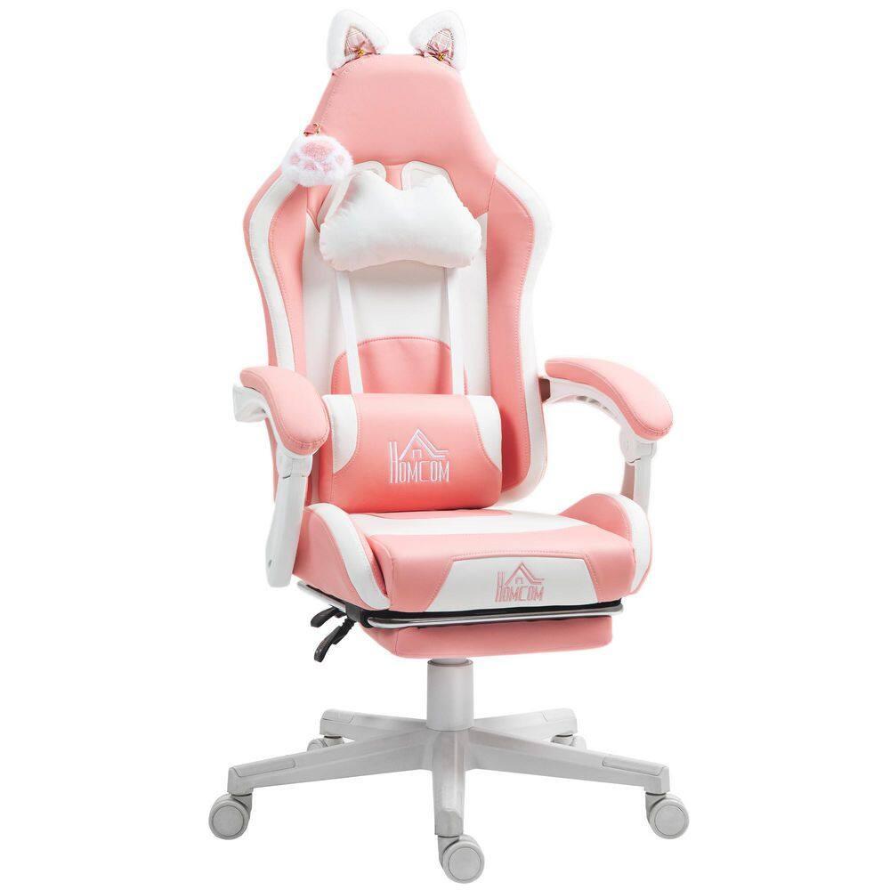 HOMCOM Cute Gaming Chair, Reclining Computer Chair with Footrest, Headrest, Lumbar Support, Height Adjustable Faux Leather Swivel Gamer Chair, Pink