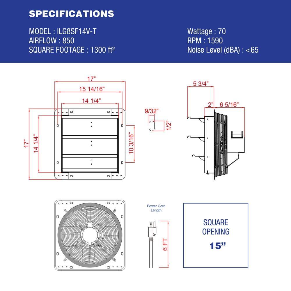 iLiving ILG8SF14V-T 14 Inch 3 Speed Attic Garage Growing Ventilation Exhaust Fan