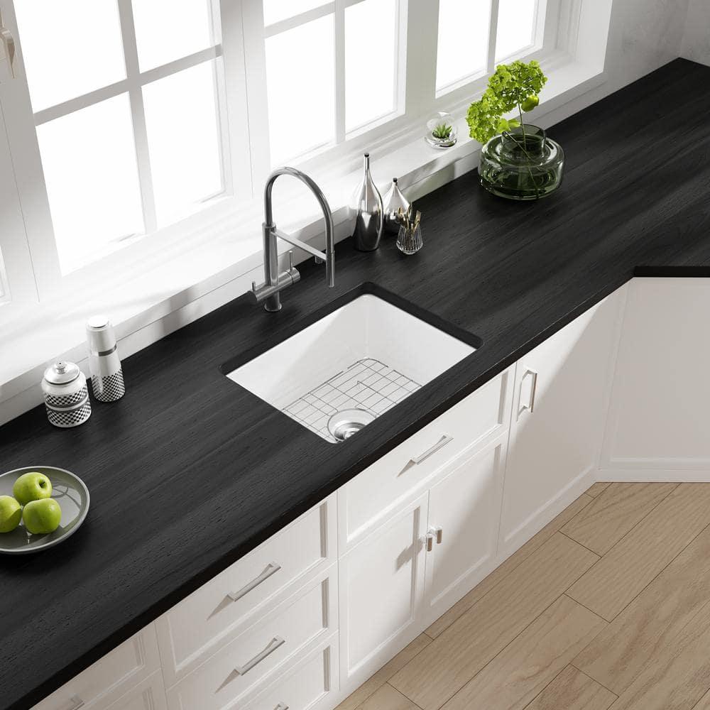 Oslo White Single Bowl Fireclay Undermount Kitchen Sink with Basket Strainer and Bottom Grid