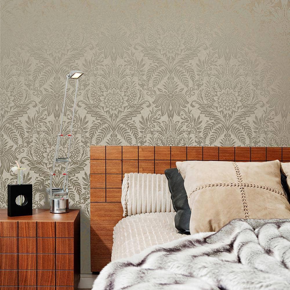 Crown Signature Beige Damask Unpasted Paper Wallpaper, 20.5-in by 33-ft, 56.4 sq. ft.