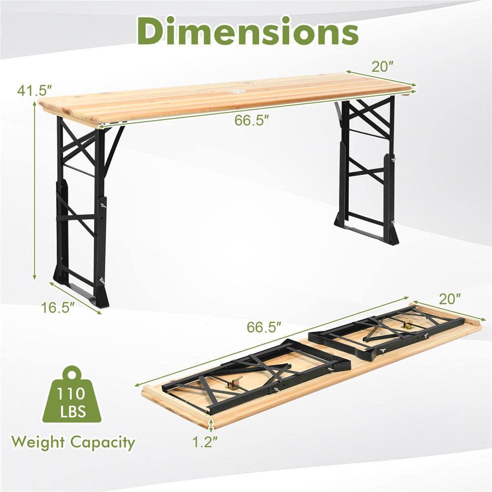 Costway 66.5" Outdoor Folding Wood Picnic Table Height Adjustable Metal Frame