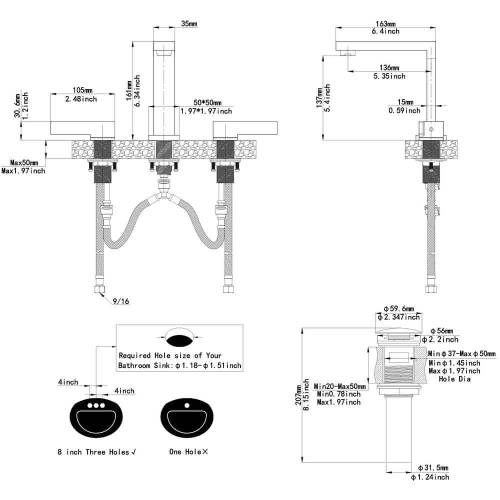 BWE 8 in. Widespread Double Handle Bathroom Faucet Water-Saving With Drain Kit In Matte Black