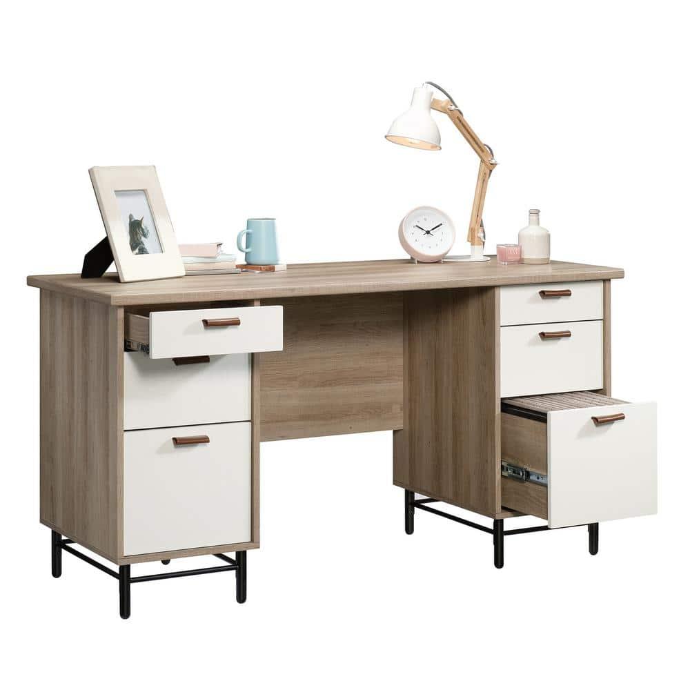 Sauder Anda Norr Engineered Wood Executive Desk in Sky Oak and White
