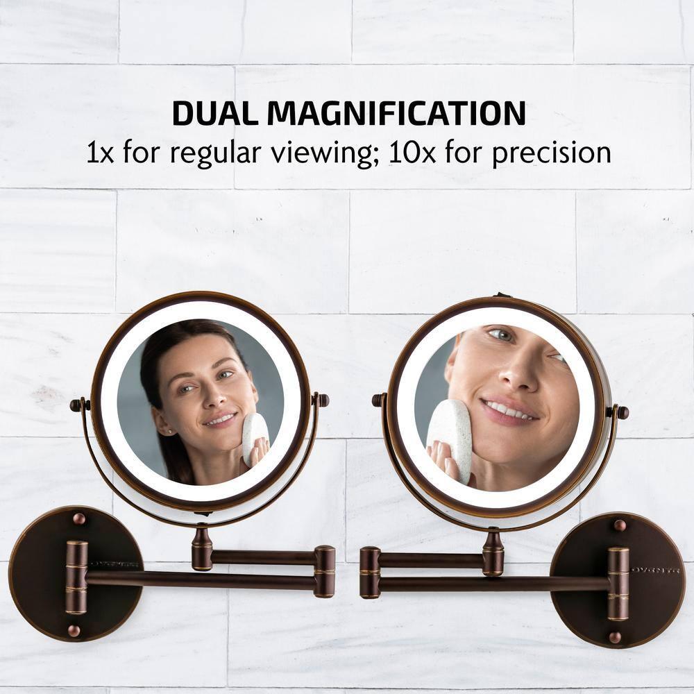 Ovente OVENTE 7" Lighted Wall Mount Makeup Mirror with 1X/10X Magnification, Cordless Double Sided Magnifying Round Vanity Mirror, 360° Swivel Design, Extendable and Folding Arm, Antique Bronze MFW70ABZ1X10X