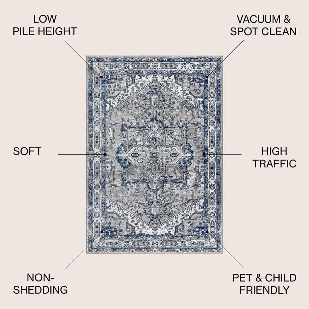 5'x8' Modern Persian Vintage Medallion Area Rug, Light Grey/Navy - JONATHAN Y