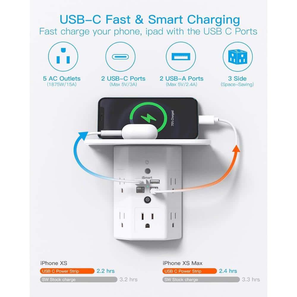 Multi Plug Outlets, Wall Outlet Extender with Night Light and Outlet Shelf, Surge Protector 4 USB Ports(1 USB C), USB Wall Charger Power Strip Electric Outlet Splitter for Home Office White