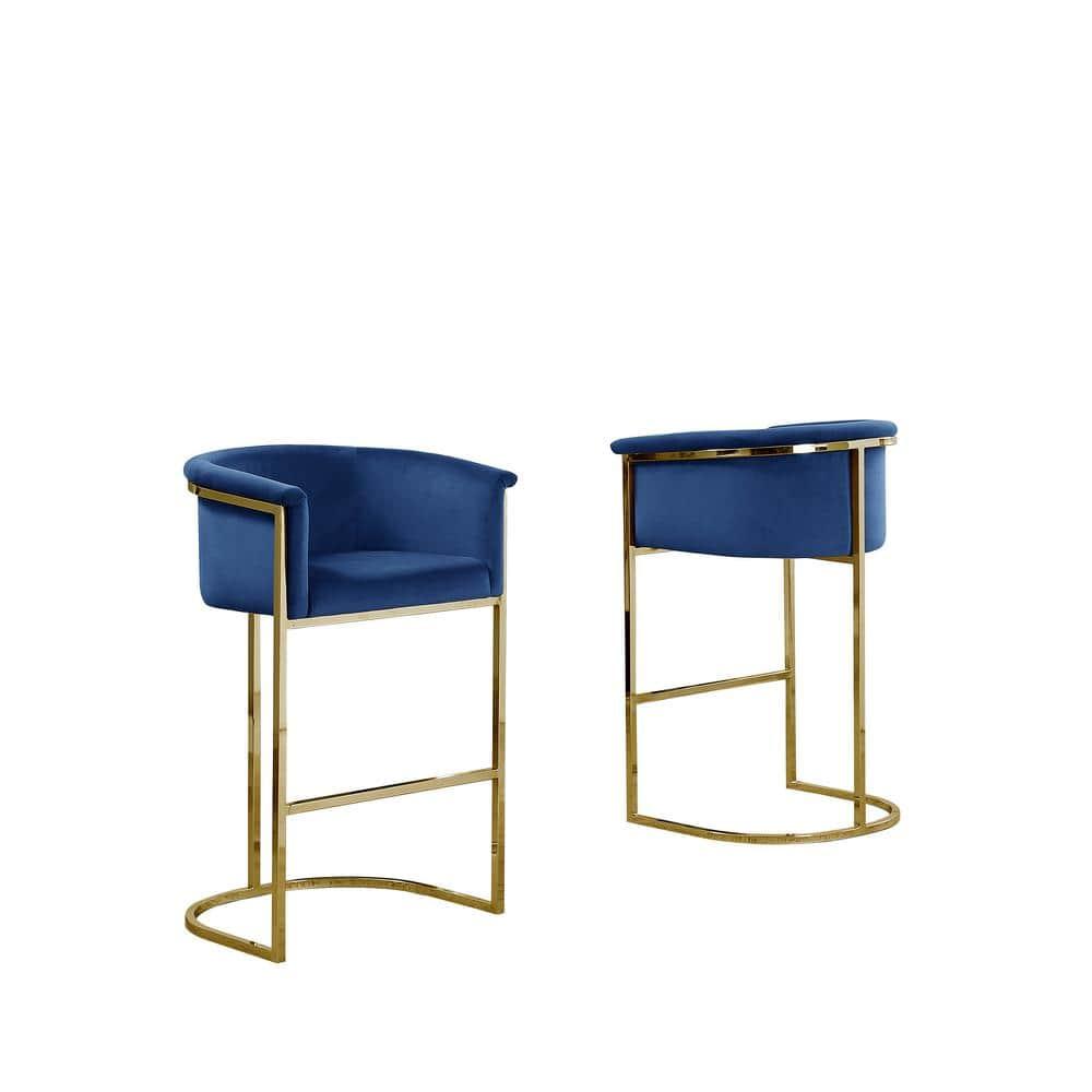 Navy Blue Velvet Counterheight Chair (Single) with Gold Metal Chrome Base