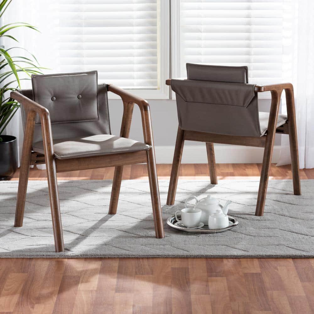 Baxton Studio 2pc Marcena Leather Upholstered and Wood Dining Chair Set Gray/Walnut Brown: Elegant Button-Tufted, Ergonomic Armrests