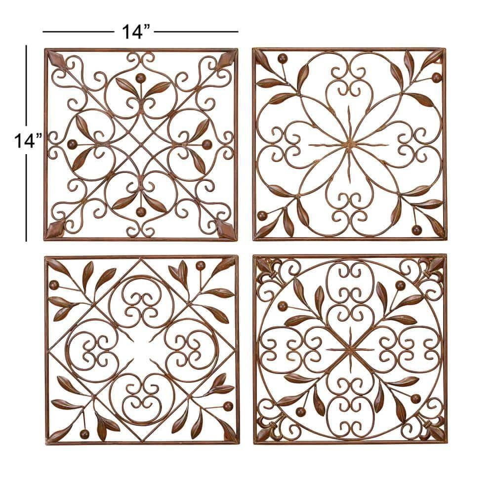 DecMode Rustic Brown Square Metal Wall Décor Set of 4 14"W x 14"H