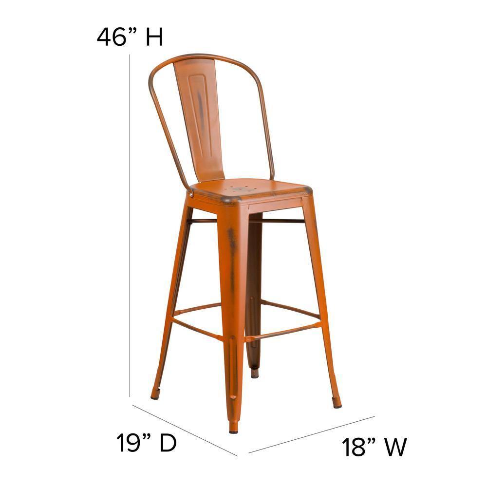 Flash Furniture Commercial Grade 30" High Distressed Orange Metal Indoor-Outdoor Barstool with Back