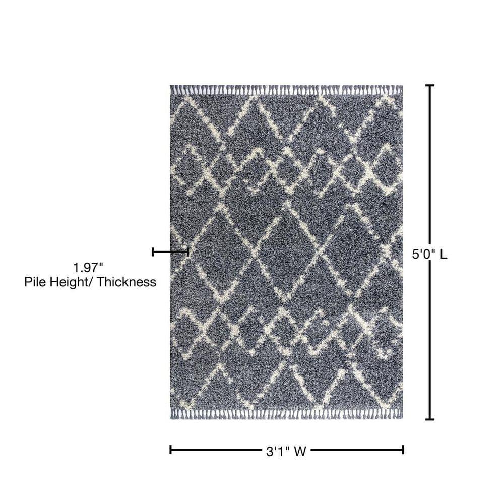 3'x5' Mercer Shag Plush Tassel Moroccan Geometric Trellis Area Rug, Denim/Cream - JONATHAN Y