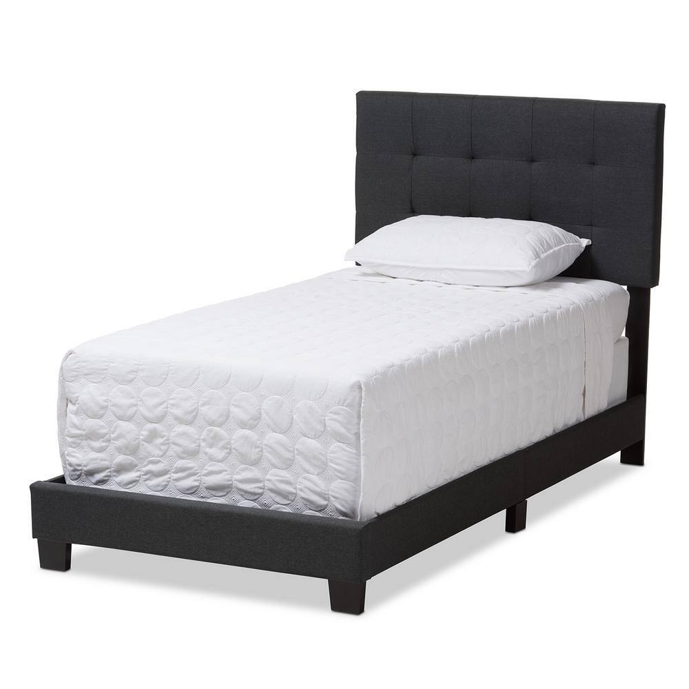 Twin Brookfield Modern and Contemporary Fabric Upholstered Bed Black - Baxton Studio: Charcoal Polyester, Grid-Tufting Design, Solid Wood Legs