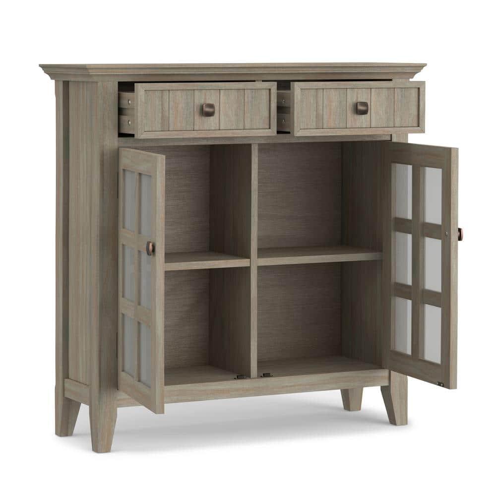 Simpli Home Acadian 36"W Solid Wood 2-Shelf Entryway Storage Cabinet with Glass Doors and 2 Drawers