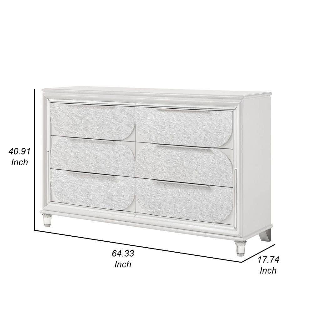 Benjara Rara 64 Inch Wide Dresser, 6 Drawers, Mirror Trim, Acrylic Legs, White