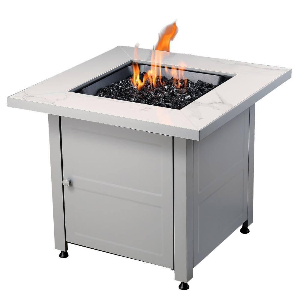 Mr. Bar-B-Q Endless Summer All Weather Outdoor Fire Pit Table with Faux Marble Finish, Black Glass