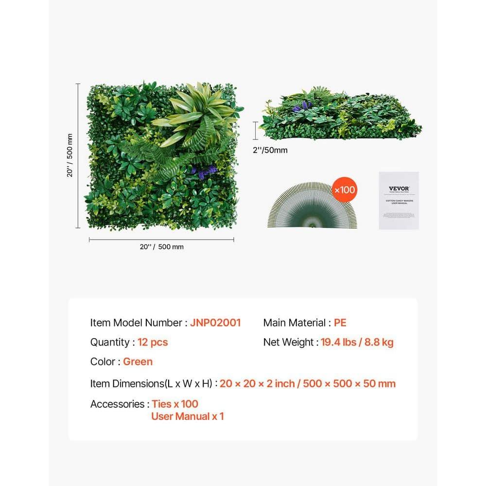 VEVOR Artificial Grass Wall Panels, 12 PCS 20 x 20 inch, 3D Combination Greenery Boxwood Panel for Indoor Outdoor Green Decor & Ivy Fence Covering, Privacy Backdrop Wall Hedge Screen for Garden