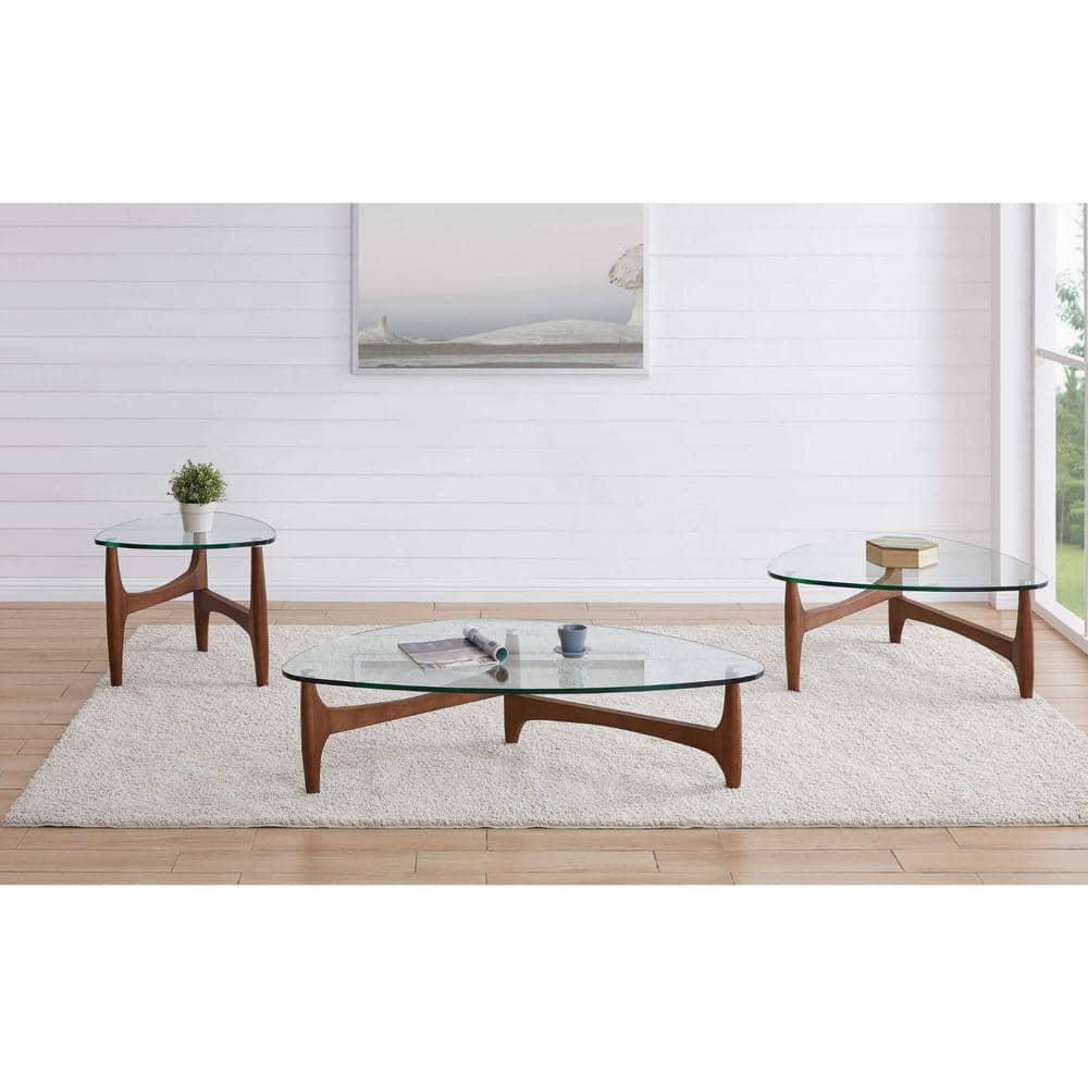 HomeRoots Clear Tempered Glass Side Table with Walnut Base, 23.63 x 23.63 x 19.69 in.