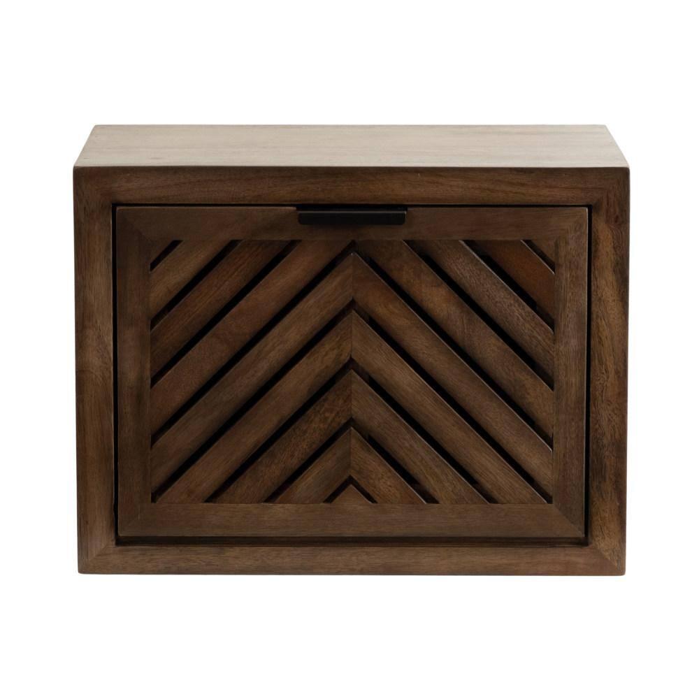 Kate and Laurel Mezzeta Modern Floating Shelf Side Table with Storage Cubby, 16 x 10 x 12, Natural Wood, Decorative Slatted Wood Floating Nightstand with Pull Down Door for Use as Bathroom Storage