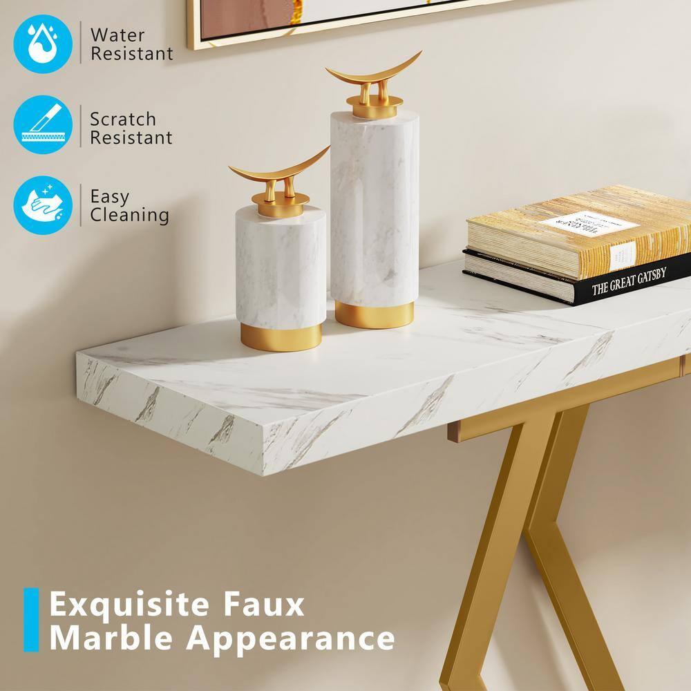 Tribesigns 70.9 Inch Extra Long Sofa Table, Modern Console Table with Faux Marble Tabletop, Long Entryway Table for Entrance, Gold and White