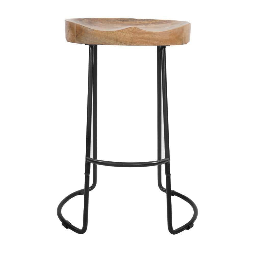 The Urban Port 24 Inch Mango Wood Industrial Counter Height Stool, Saddle Seat, Iron, Set of 2, Brown, Black