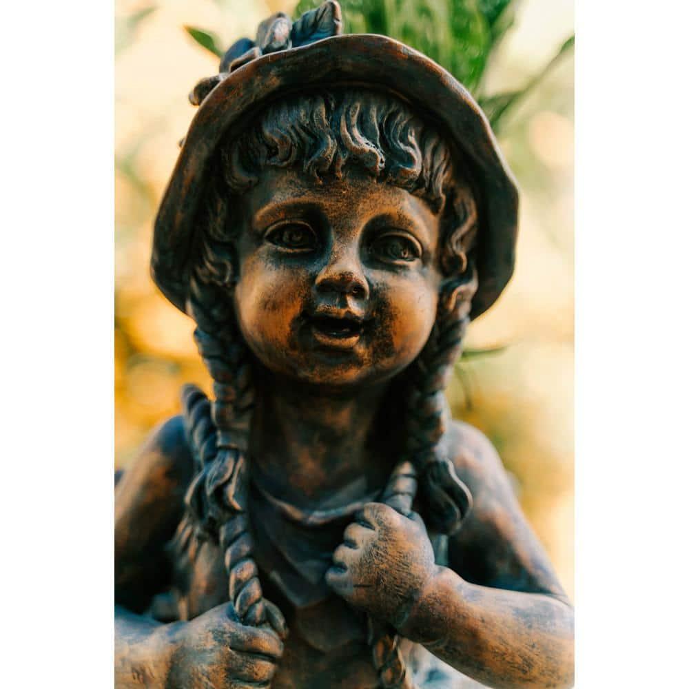 24in.H Faux Bronze Magnesium Oxide Walking Girl Garden Statue w/Small Flower PlantPot, Outdoor, Natural Design Sculpture