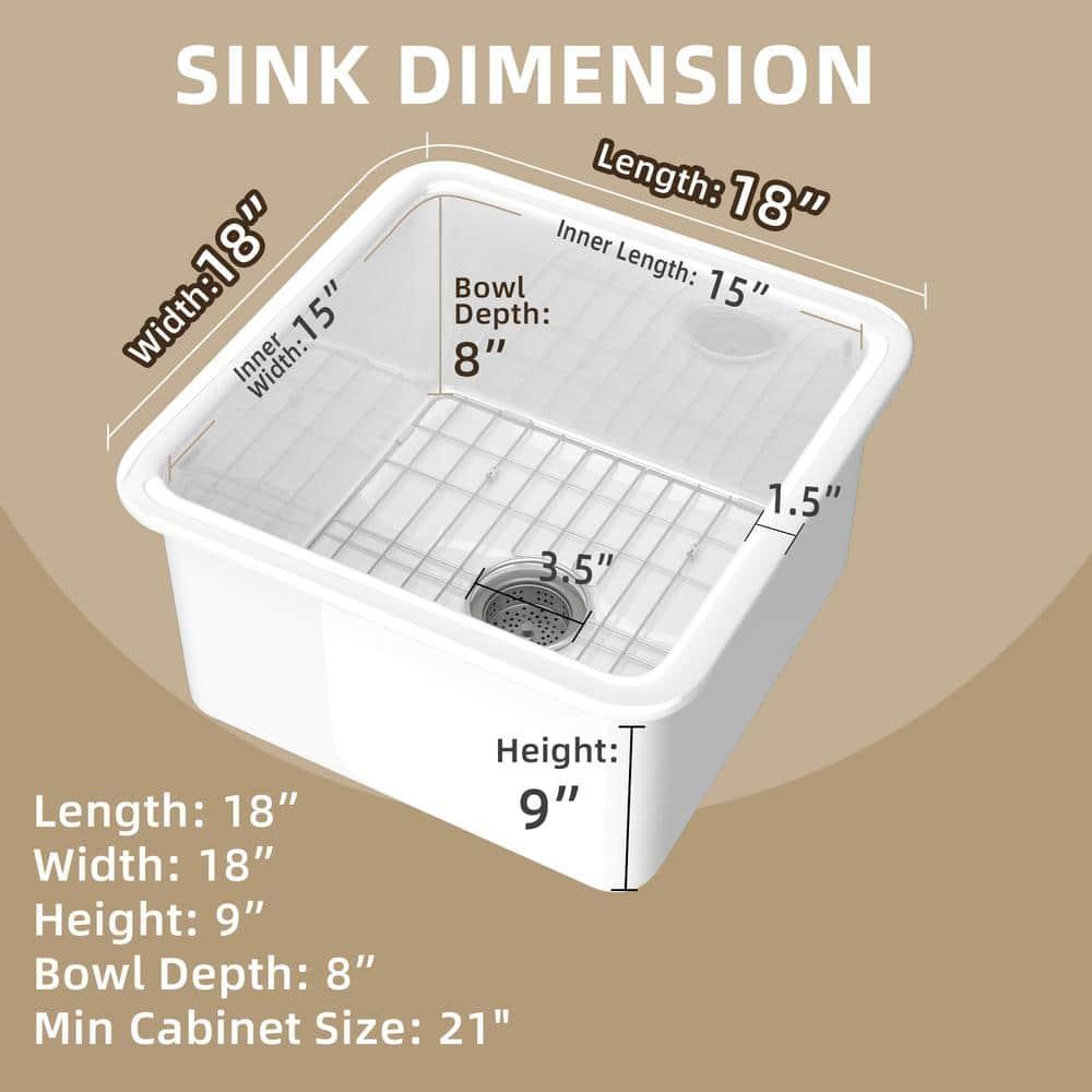 White Undermount Kitchen Sink 18 Inch - Small Topmount Wet Bar Sink Drop In 18x18x9, Dual Mount Single Bowl, Heavy Duty Solid Fireclay, with 2 Accessories, for Kitchen & Laundry & Outdoor