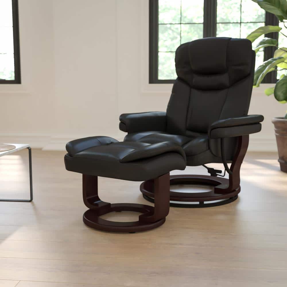 Flash Furniture Contemporary Multi-Position Recliner and Curved Ottoman with Swivel Mahogany Wood Base in Black LeatherSoft