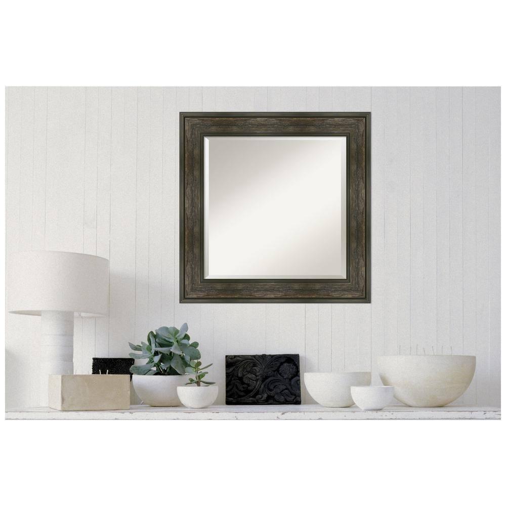 Amanti Art Beveled Bathroom Wall Mirror - Rail Rustic Char Frame - Rail Rustic Char Outer Size: 26 x 26 in