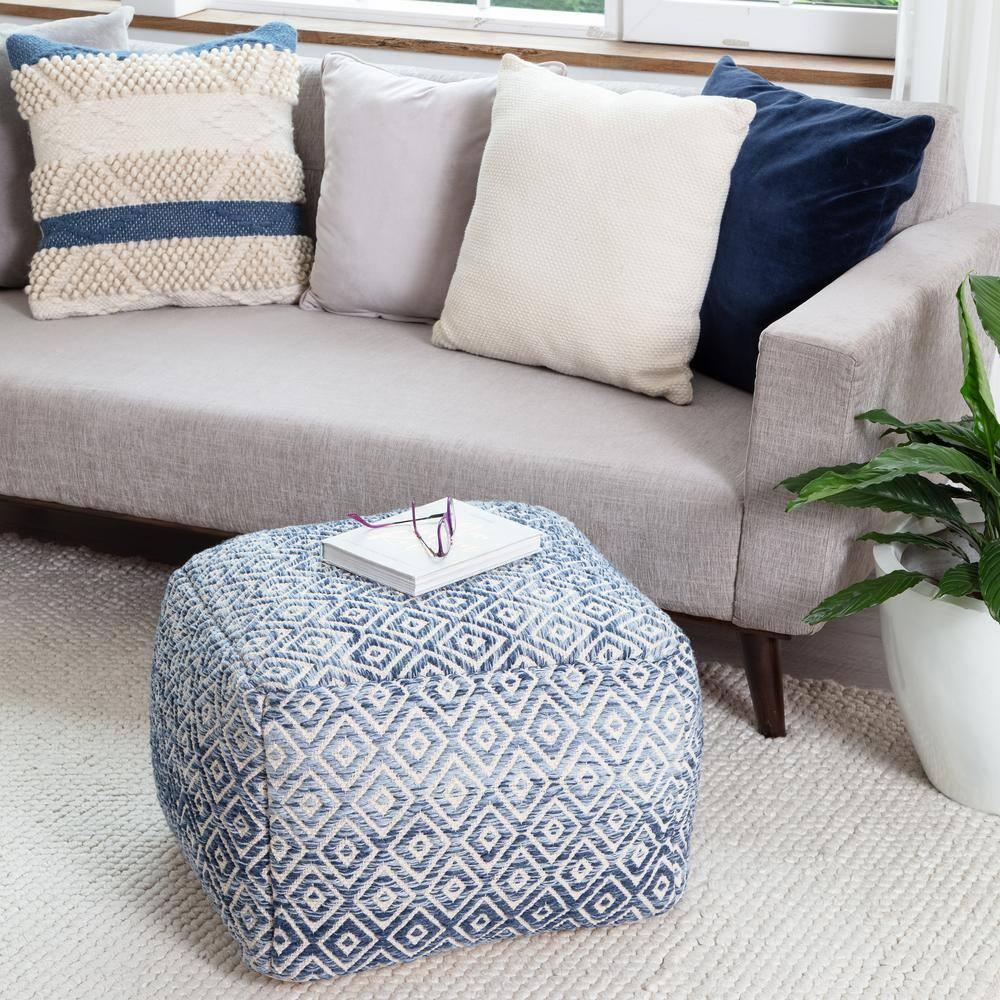 Chero Distressed Diamond 22" Square Pouf Ottoman Blue and Beige