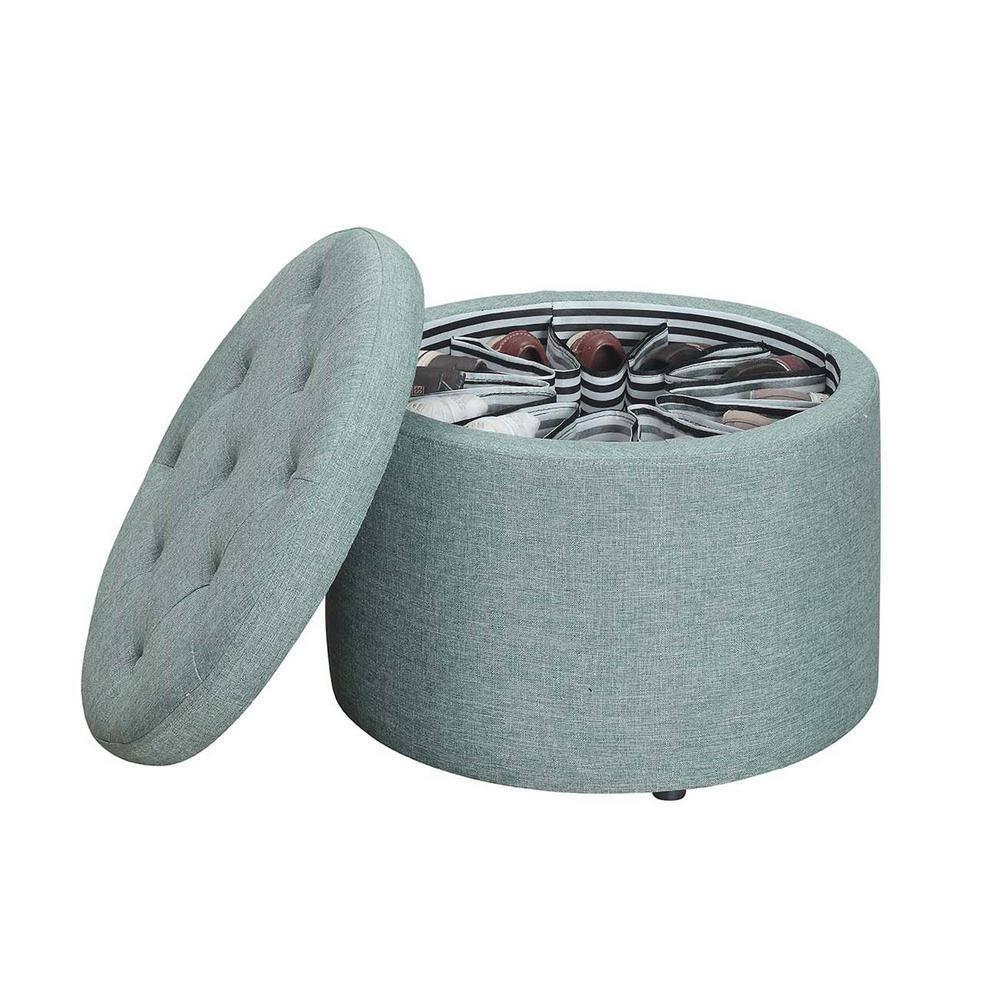 Tufted Round Green Faux Linen Shoe Ottoman with 12 Compartments