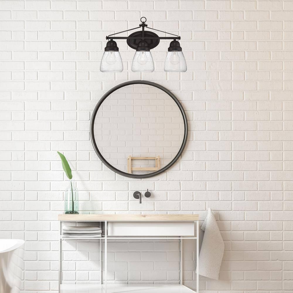 Laurel 19.13 in. 3-Light Sudbury Bronze Vanity Light with Clear Seeded Glass Shade
