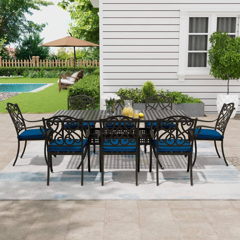 Black Cast Aluminum 6-Person Outdoor Dining Set with Blue Cushions