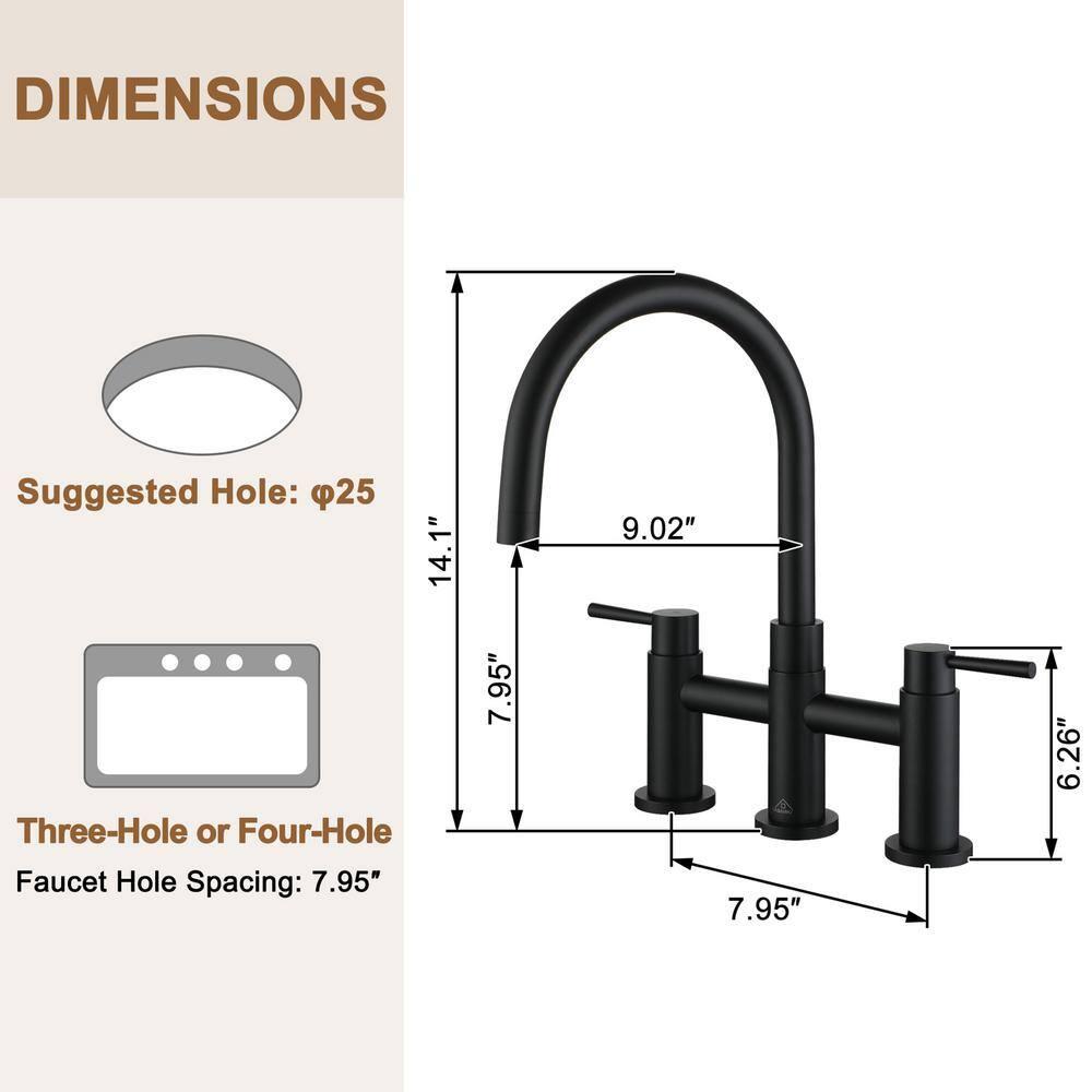 Double Handle Bridge Kitchen Faucet with Side Sprayer in Matte Black