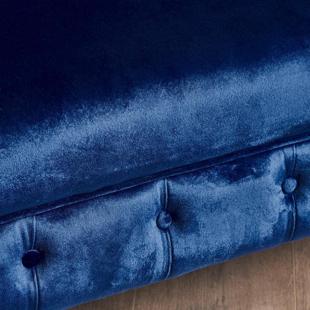 Noble House Myrna Chesterfield Velvet Loveseat with Scrolled Arms, Navy Blue