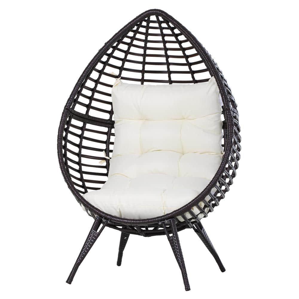 Outsunny Wicker Egg Chair, Oversized Indoor Outdoor Boho Lounge, Hand-Woven Water-Safe PE Rattan Furniture with Cushion, Beige