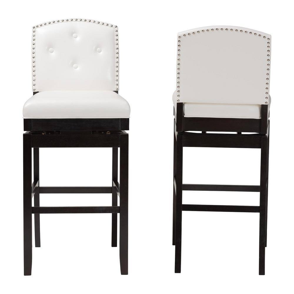 Set of 2 Ginaro Faux Leather Button Tufted Upholstered Swivel Barstools White - Baxton Studio: Nailhead Trim, Rubberwood Frame
