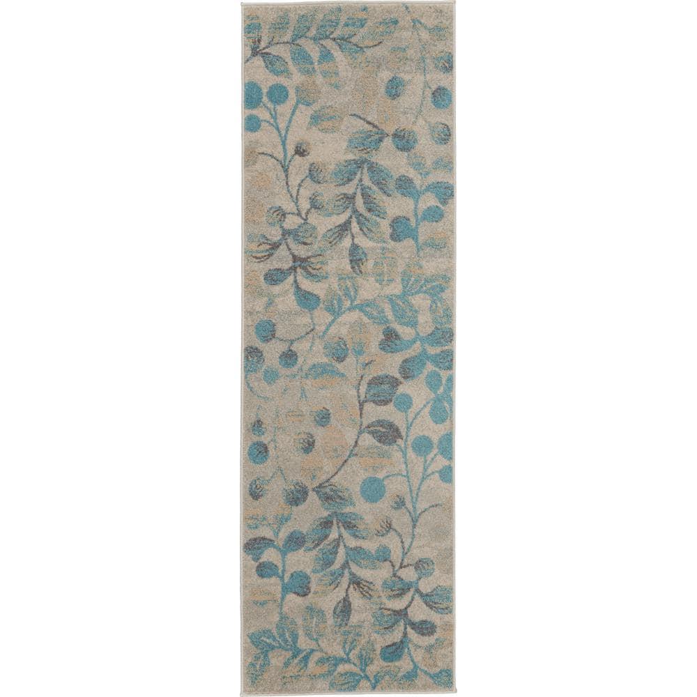 Nourison Tranquil 2'3" X 7'3" (7' Runner) Ivory/Turquoise Area Rug Contemporary Botanical Vine and Bloom by Nourison