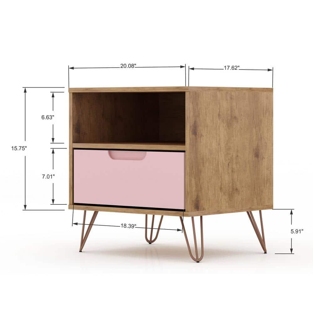 1.0 Rockefeller Nightstand Rose Pink - Manhattan Comfort: Mid-century Design, Metal Legs, Open Shelf