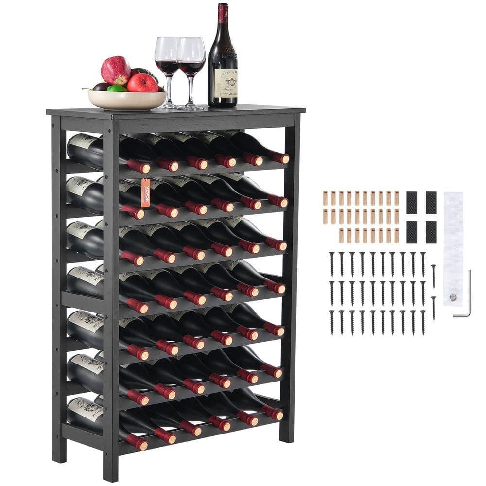 VEVOR 42 Bottle Modular Wine Rack, 7-Tier Solid Bamboo Wood Storage Racks with Table Top, Floor Freestanding Wines Holder Display Shelf, Wobble-Free Shelves for Kitchen, Bar, and Cellar (Black)