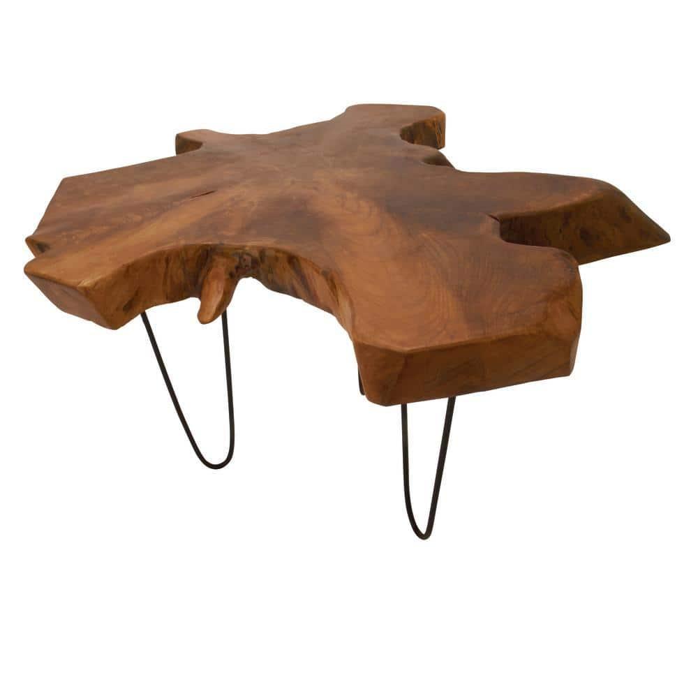 DecMode 28" x 19" Brown Wood Handmade Live Edge Top Coffee Table with Black Metal Hairpin Legs, 1-Piece