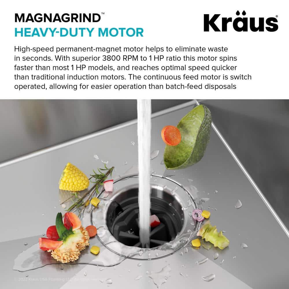 Kraus KRAUS Wasteguard High-Speed 1 HP Continuous Feed Ultra-Quiet Motor Garbage Disposal With Power Cord And Flange Included And Universal Mount, KWD200-100MGR