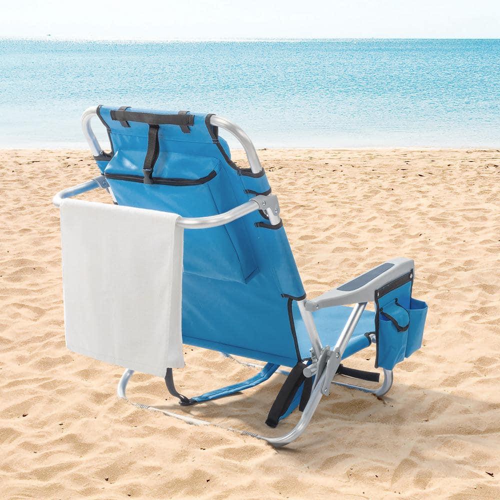 Tcbosik Reclining Beach Chair, 5-Position Adjustable Lay Flat Lounge Chair for Adults, Portable Folding with Cooler Pouch, Camping Chair for Outdoor, Blue