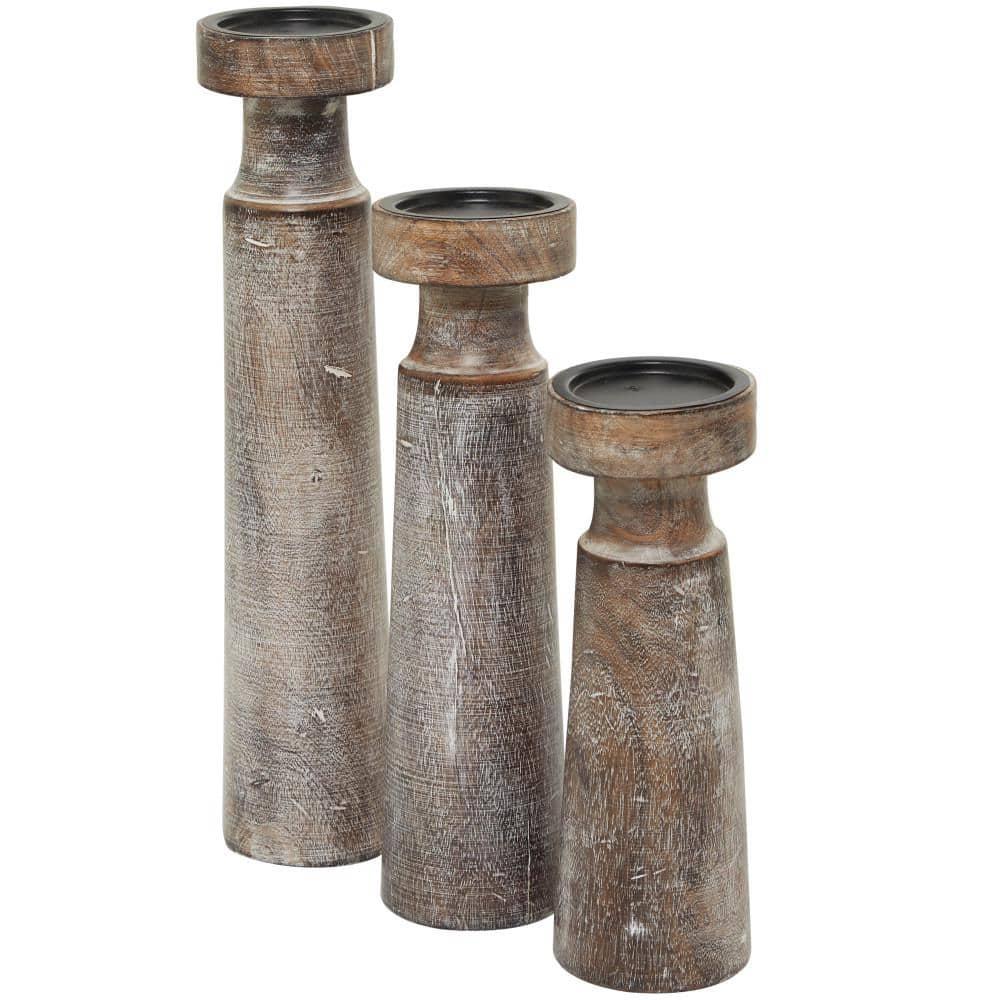 Olivia & May Set of 3 Rustic Cylindrical Mango Wood Candle Holders Brown: Modern Decor, Fits Pillar Candles