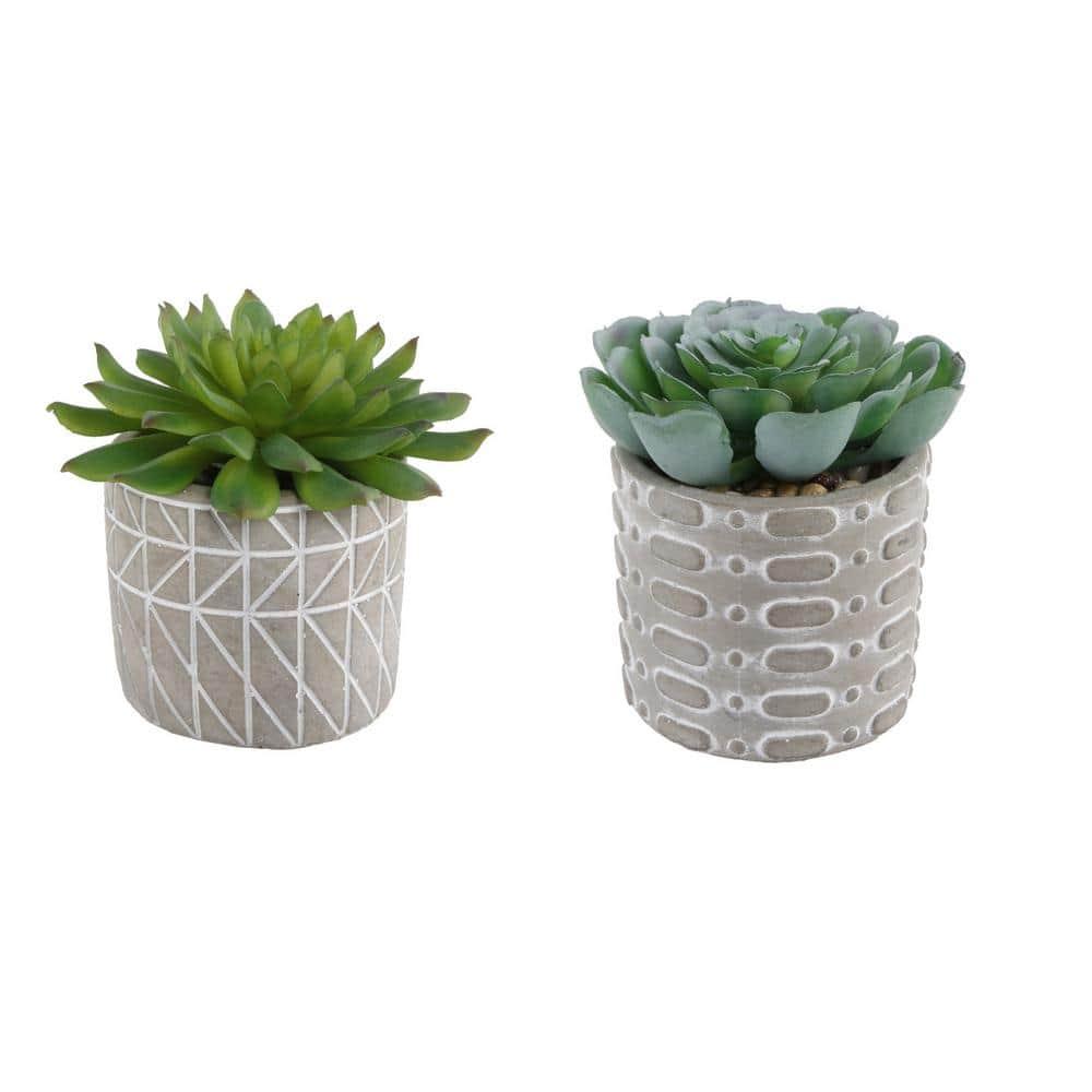 Flora Bunda Mid Century Artificial Plants Cactus Set of 2 Fake Succulent in 3" Cement Diamond line Pot Grey Planter, Potted Plants, for Home Office Decorations C65