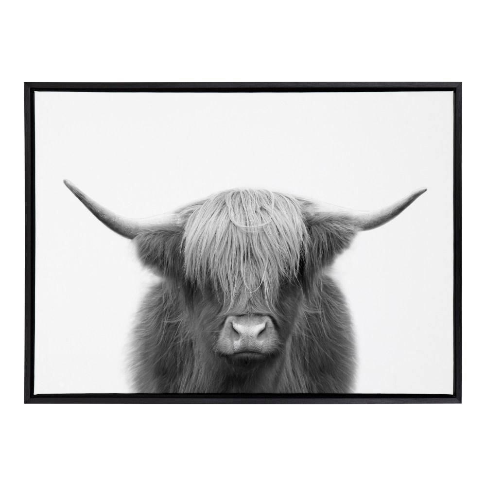 Kate and Laurel Sylvie Hey Dude Highland Cow BW Framed Canvas Wall Art by The Creative Bunch Studio, 28x38 Black, Decorative Farmhouse Animal Art for Wall